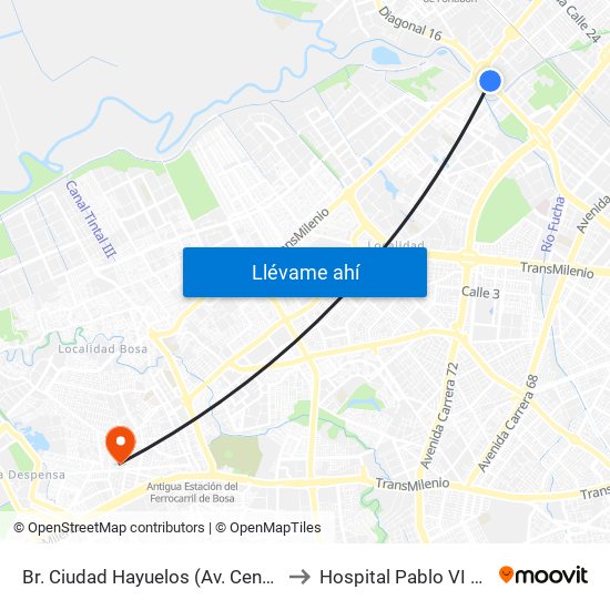 Br. Ciudad Hayuelos (Av. Centenario - Av. C. De Cali) to Hospital Pablo VI Bosa Urgencias map