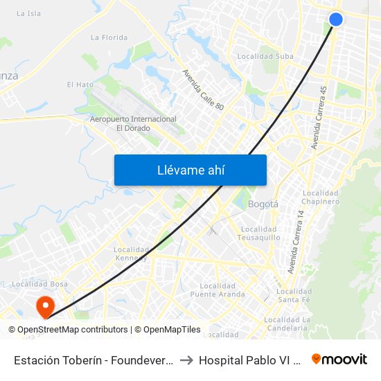 Estación Toberín - Foundever (Auto Norte - Cl 166) to Hospital Pablo VI Bosa Urgencias map