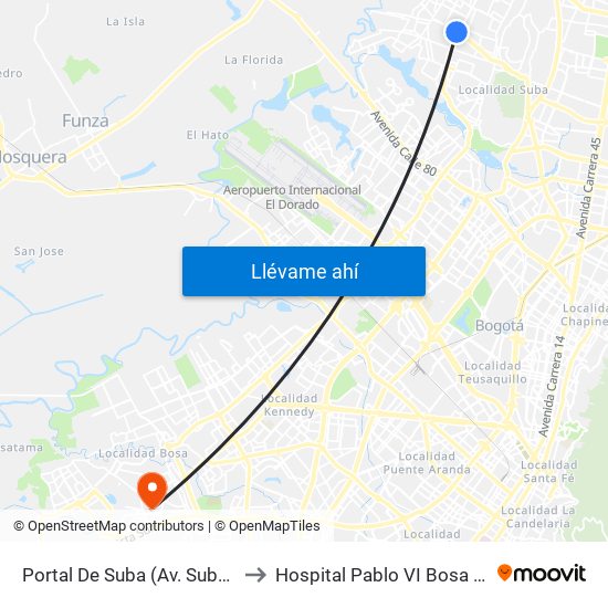 Portal De Suba (Av. Suba - Kr 106) to Hospital Pablo VI Bosa Urgencias map