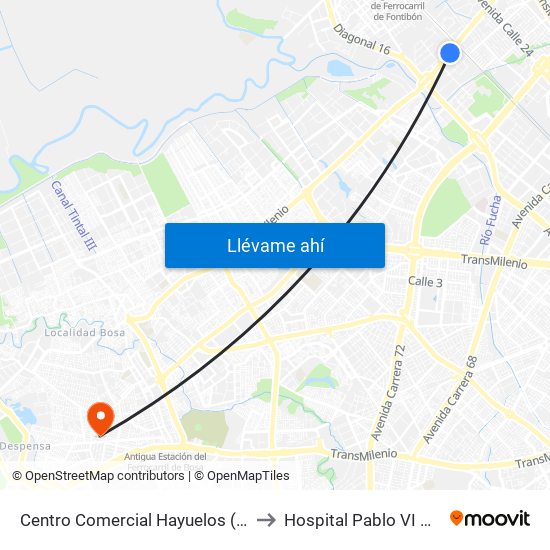 Centro Comercial Hayuelos (Av. C. De Cali - Cl 20) to Hospital Pablo VI Bosa Urgencias map