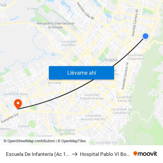 Escuela De Infantería (Ac 100 - Kr 11a) (B) to Hospital Pablo VI Bosa Urgencias map