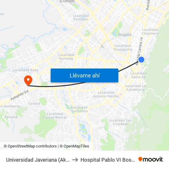 Universidad Javeriana (Ak 7 - Cl 40) (B) to Hospital Pablo VI Bosa Urgencias map