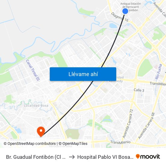 Br. Guadual Fontibón (Cl 17 - Kr 96h) to Hospital Pablo VI Bosa Urgencias map