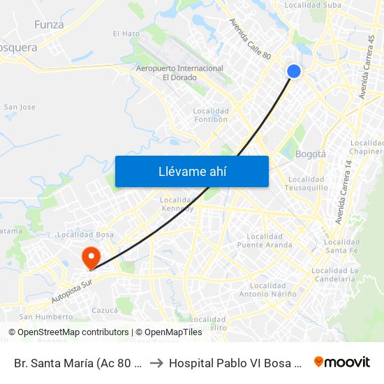 Br. Santa María (Ac 80 - Kr 73b) to Hospital Pablo VI Bosa Urgencias map