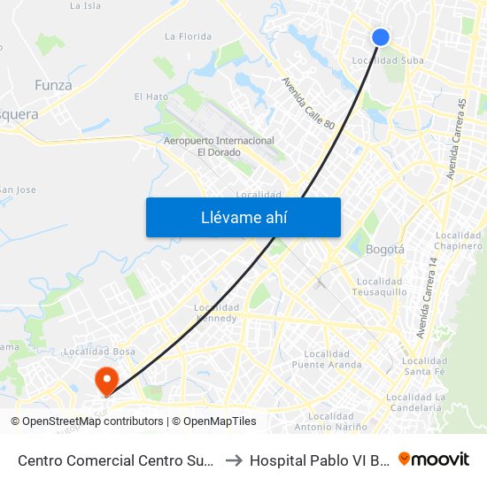 Centro Comercial Centro Suba (Av. Suba - Kr 91) to Hospital Pablo VI Bosa Urgencias map