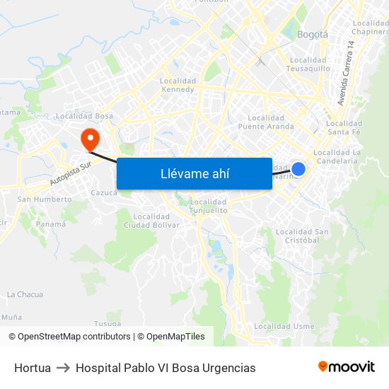 Hortua to Hospital Pablo VI Bosa Urgencias map