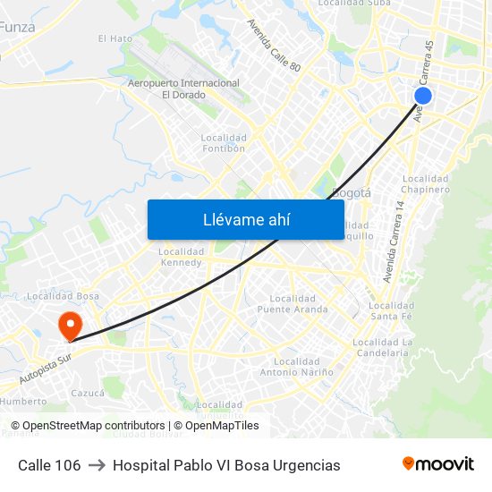 Calle 106 to Hospital Pablo VI Bosa Urgencias map