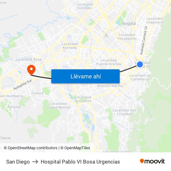 San Diego to Hospital Pablo VI Bosa Urgencias map