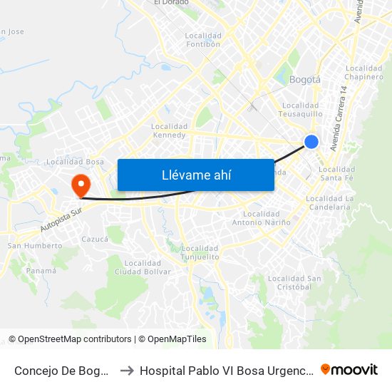 Concejo De Bogotá to Hospital Pablo VI Bosa Urgencias map