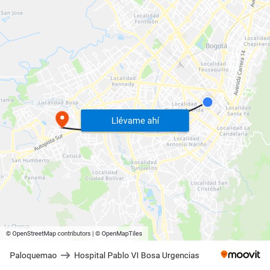 Paloquemao to Hospital Pablo VI Bosa Urgencias map