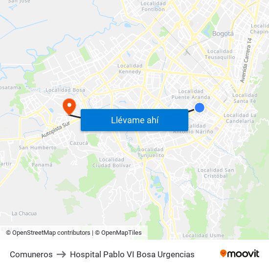 Comuneros to Hospital Pablo VI Bosa Urgencias map