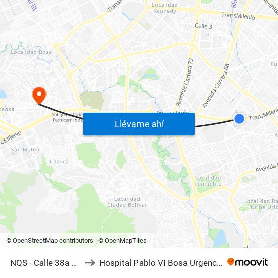 NQS - Calle 38a Sur to Hospital Pablo VI Bosa Urgencias map