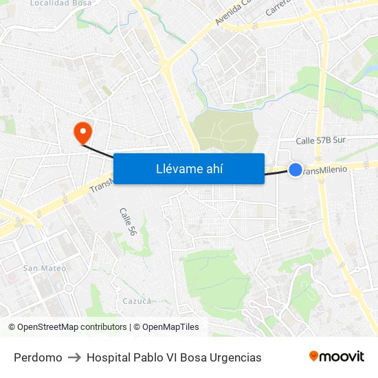 Perdomo to Hospital Pablo VI Bosa Urgencias map