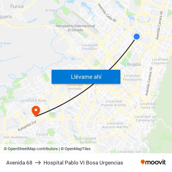 Avenida 68 to Hospital Pablo VI Bosa Urgencias map