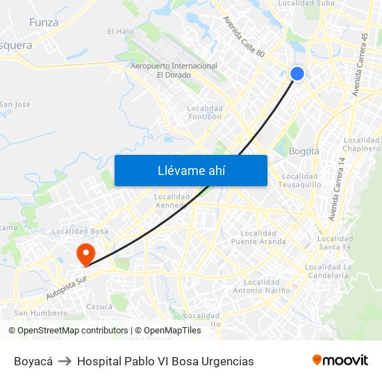 Boyacá to Hospital Pablo VI Bosa Urgencias map