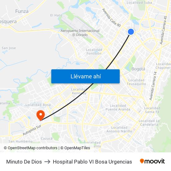 Minuto De Dios to Hospital Pablo VI Bosa Urgencias map