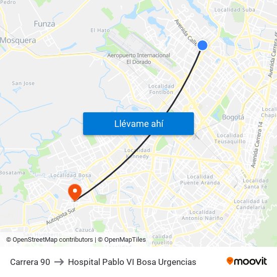 Carrera 90 to Hospital Pablo VI Bosa Urgencias map