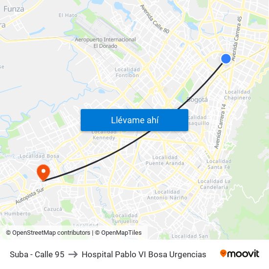 Suba - Calle 95 to Hospital Pablo VI Bosa Urgencias map