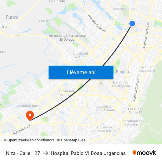 Niza - Calle 127 to Hospital Pablo VI Bosa Urgencias map
