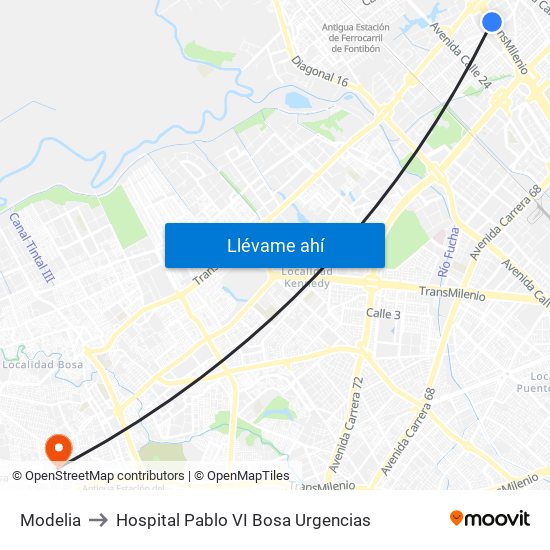 Modelia to Hospital Pablo VI Bosa Urgencias map