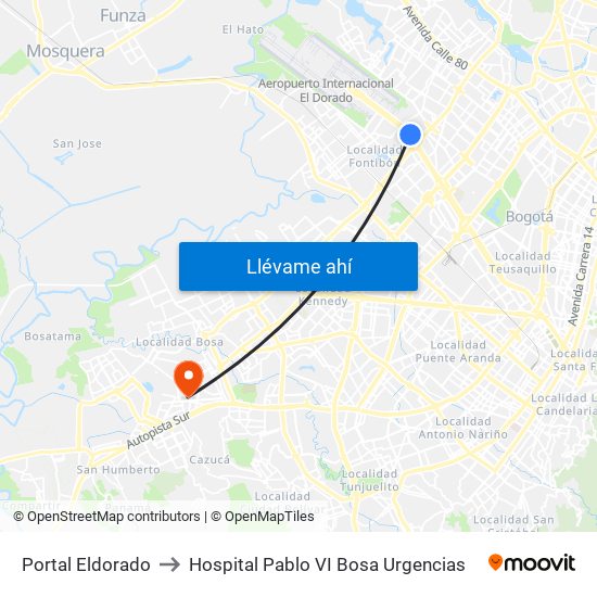 Portal Eldorado to Hospital Pablo VI Bosa Urgencias map