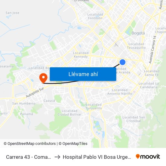 Carrera 43 - Comapan to Hospital Pablo VI Bosa Urgencias map