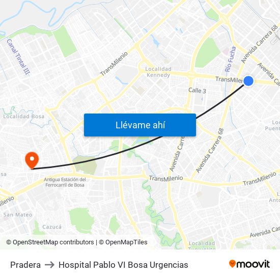 Pradera to Hospital Pablo VI Bosa Urgencias map