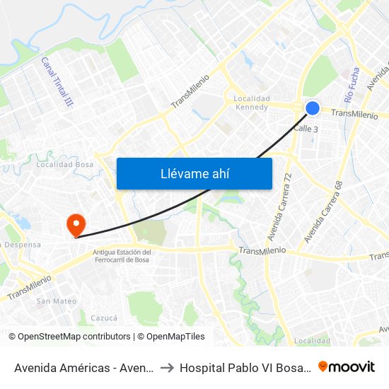 Avenida Américas - Avenida Boyacá to Hospital Pablo VI Bosa Urgencias map