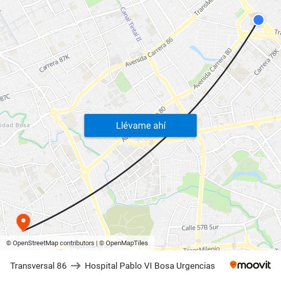 Transversal 86 to Hospital Pablo VI Bosa Urgencias map