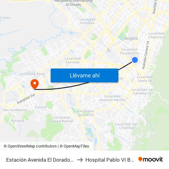 Estación Avenida El Dorado (Av. NQS - Cl 40a) to Hospital Pablo VI Bosa Urgencias map