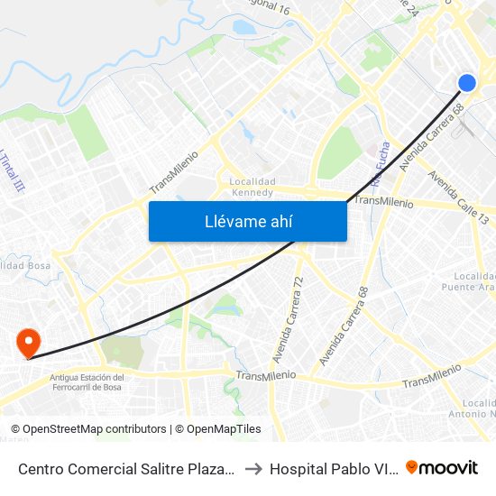 Centro Comercial Salitre Plaza (Av. La Esperanza - Kr 68a) to Hospital Pablo VI Bosa Urgencias map