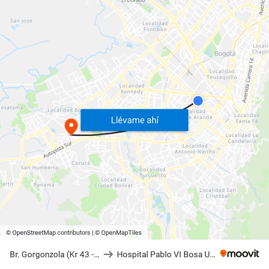 Br. Gorgonzola (Kr 43 - Cl 12b) to Hospital Pablo VI Bosa Urgencias map