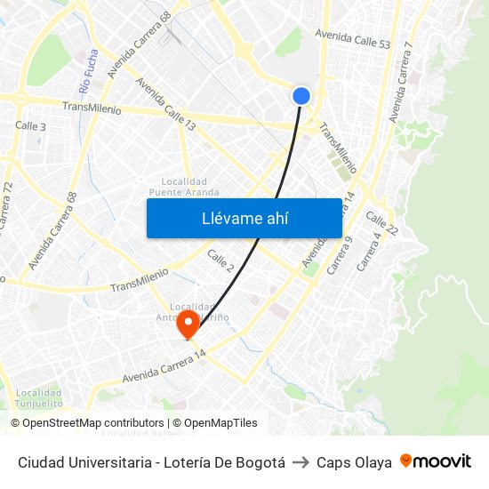Ciudad Universitaria - Lotería De Bogotá to Caps Olaya map