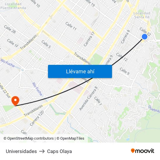 Universidades to Caps Olaya map