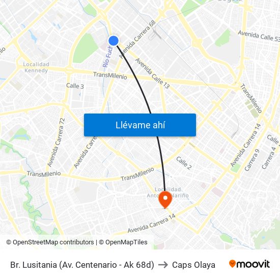 Br. Lusitania (Av. Centenario - Ak 68d) to Caps Olaya map