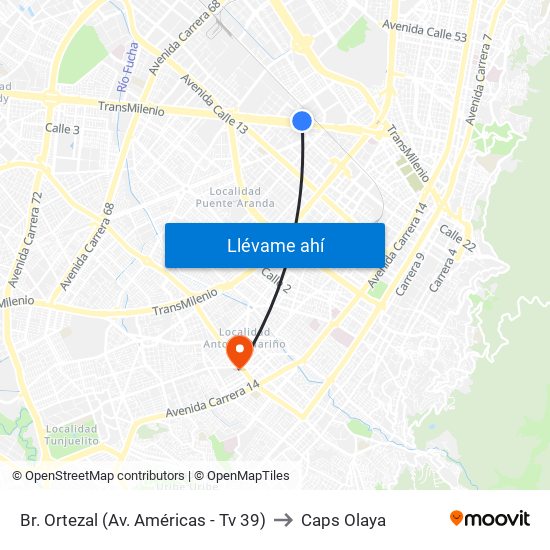 Br. Ortezal (Av. Américas - Tv 39) to Caps Olaya map