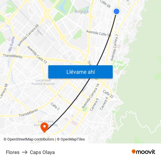 Flores to Caps Olaya map
