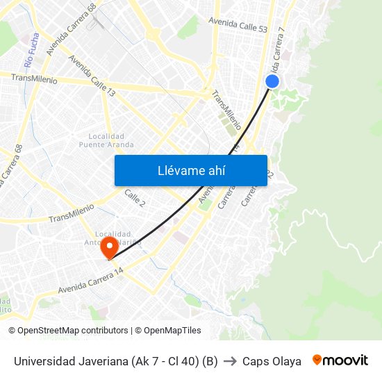 Universidad Javeriana (Ak 7 - Cl 40) (B) to Caps Olaya map