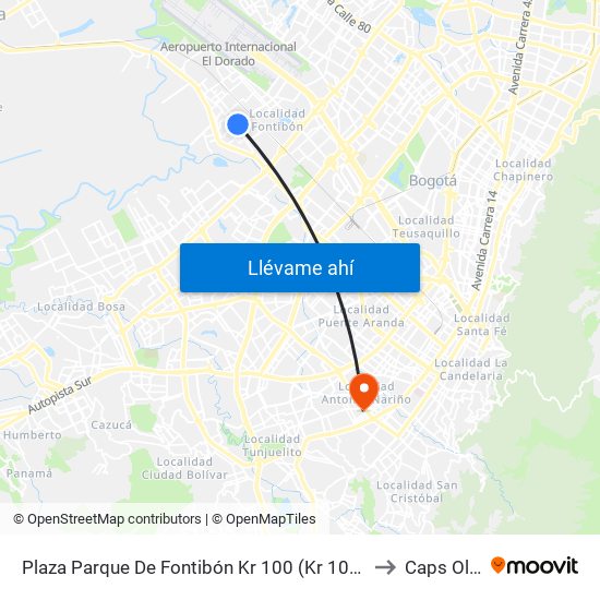 Plaza Parque De Fontibón Kr 100 (Kr 100 - Cl 17a) to Caps Olaya map