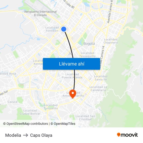 Modelia to Caps Olaya map