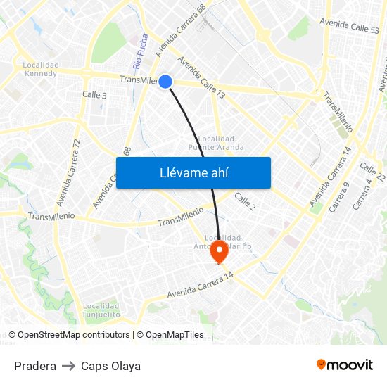 Pradera to Caps Olaya map
