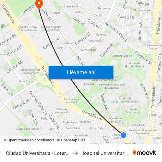 Ciudad Universitaria - Lotería De Bogotá to Hospital Universitario Nacional map