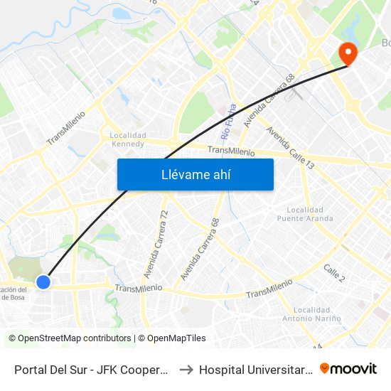 Portal Del Sur - JFK Cooperativa Financiera to Hospital Universitario Nacional map