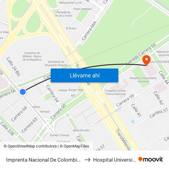 Imprenta Nacional De Colombia (Av. Esperanza - Kr 66) to Hospital Universitario Nacional map