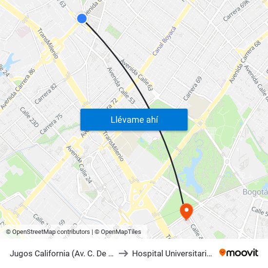 Jugos California (Av. C. De Cali - Ac 63) to Hospital Universitario Nacional map