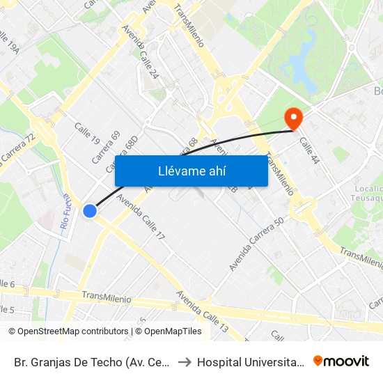 Br. Granjas De Techo (Av. Centenario - Kr 65) to Hospital Universitario Nacional map