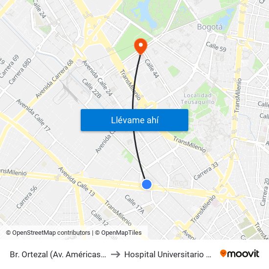 Br. Ortezal (Av. Américas - Tv 39) to Hospital Universitario Nacional map