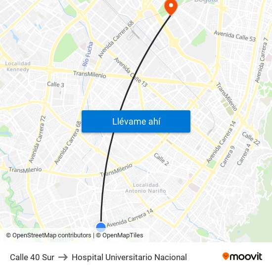 Calle 40 Sur to Hospital Universitario Nacional map