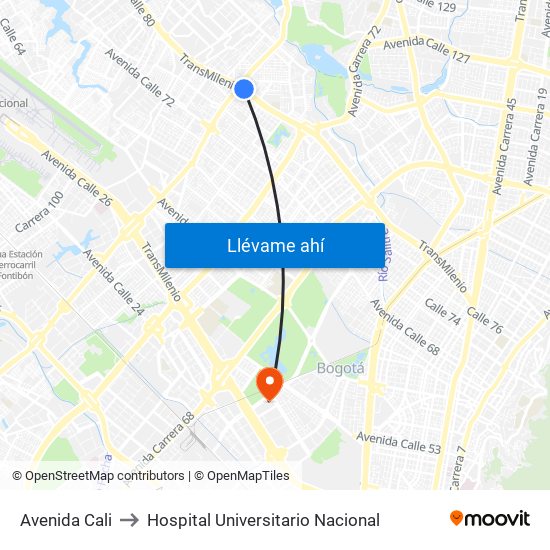 Avenida Cali to Hospital Universitario Nacional map