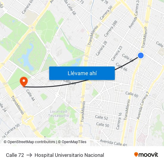 Calle 72 to Hospital Universitario Nacional map